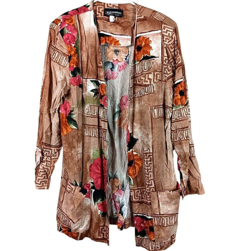 Vintage S.L. Fashions Womens Floral Print Open Front Jacket Size 14 Pockets